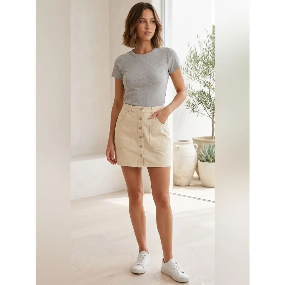 Take 50% OFF- Old Navy Women's Cream Button-Front Denim Mini Skirt, Size-12